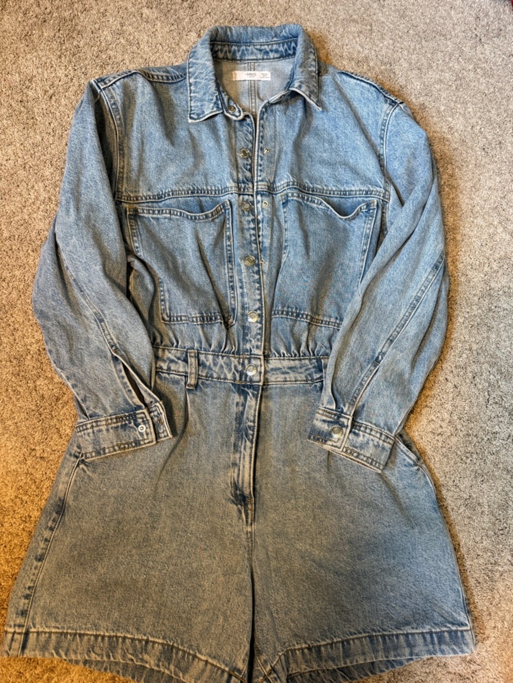 Mango Light Blue Denim Jean Long-Sleeve Shorts Romper Size L